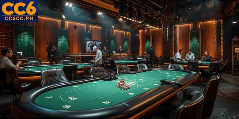 professional live poker studio with multiple dealer tables and HD streaming